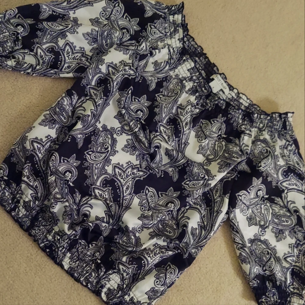 Black and White Satin Blouse with boat neck and ruched features, Size Small - Picture 2 of 5